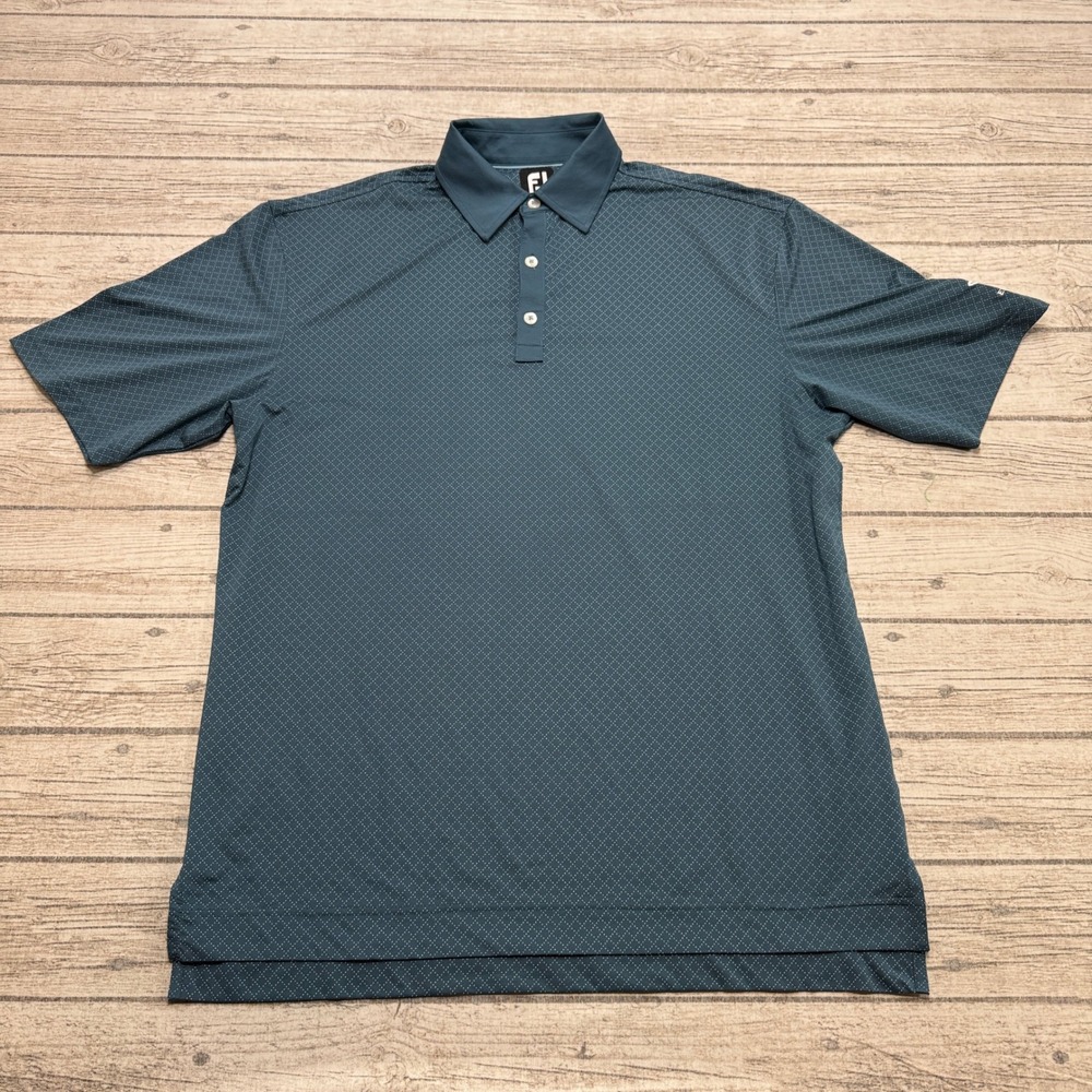 FootJoy Golf Polo Shirt Men's Large Teal Diamond Print Short Sleeve Activewear